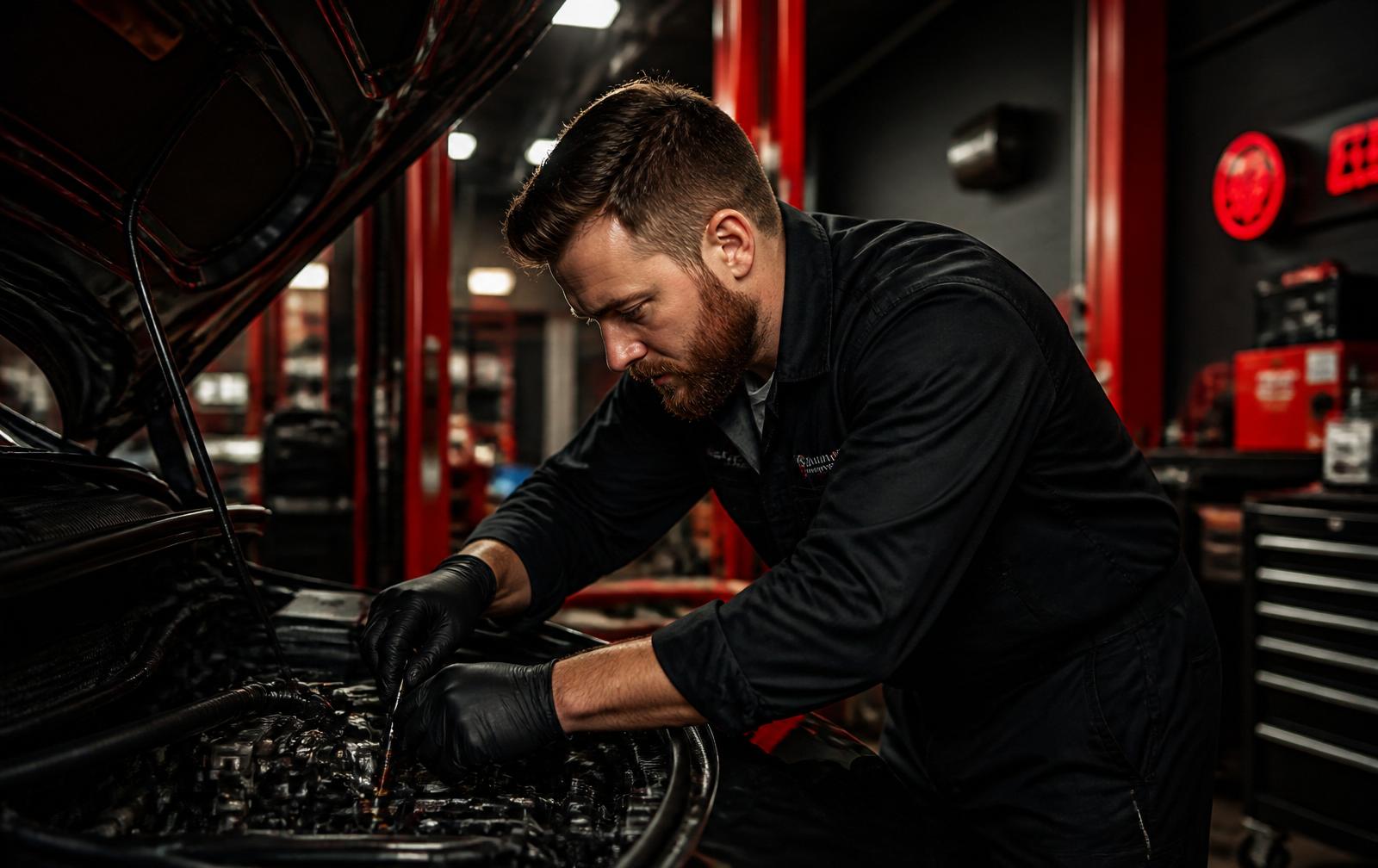 Mekaniker arbejder under motorhjelmen hos Norbiler